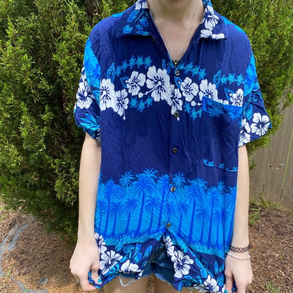 Coconut Pier Mens Blue White Hawaiian Tropical Beach Button Up Short Sleeve Y2K